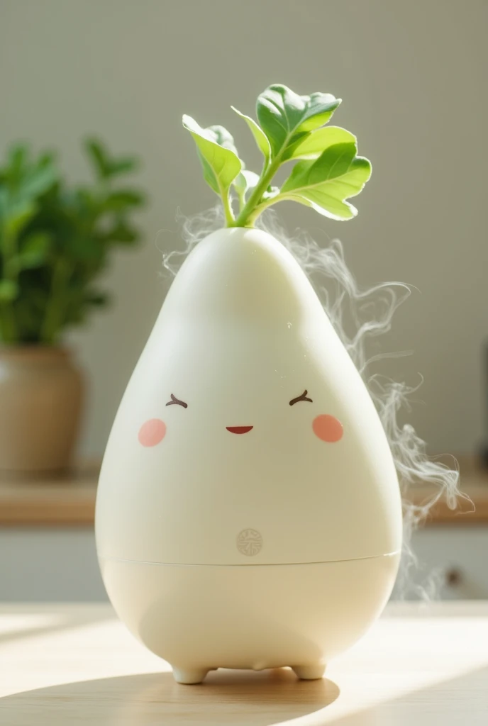 ((humidifier, Home appliances for white daikon , translucent:1.3,  Foggy Mist with Water :1.3,  cute face, Shaped like a drop of water , Water vapor is coming out of the leaf,  reality:1.5, photograph:1.5)),  on the table , living, live-action:1.5