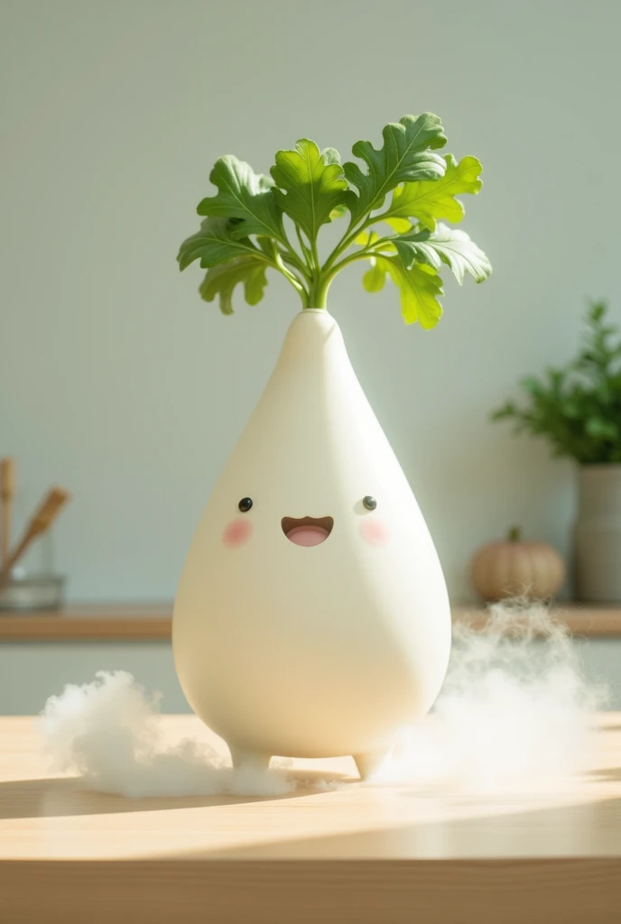 ((humidifier, Home appliances for white daikon , translucent:1.3,  Foggy Mist with Water :1.3,  cute face, Shaped like a drop of water ,  the leaf part emits water vapor,  reality:1.5)),  on the table , living, live-action:1.5