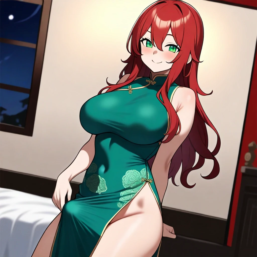 best quality, amazing quality, very aesthetic, absurdres,
1girl, solo, alone, smile, long red hair, green eyes, large breasts, china dress, bedroom, (bulge), night, window,