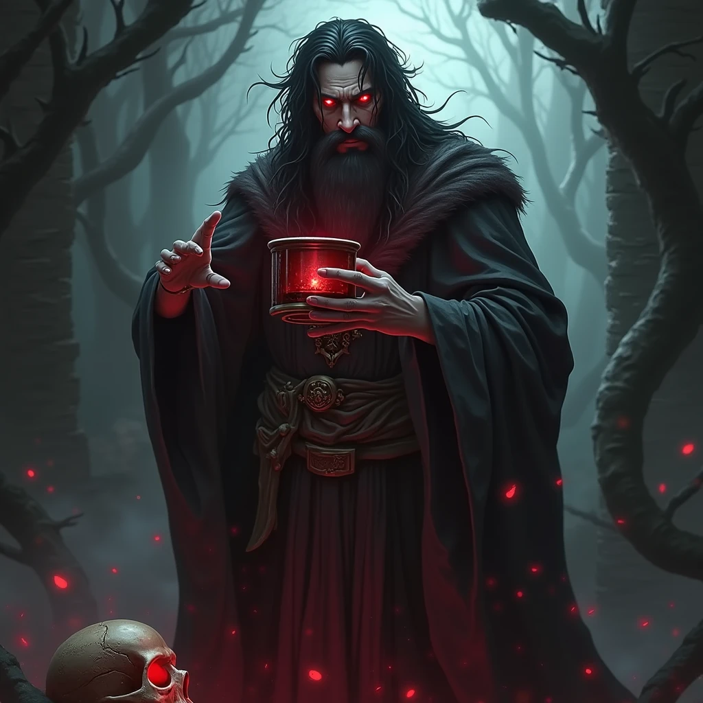 a man with a beard, black and red cape, old hat, risa chess, two women one African and one white long wavy black hair, blood, corona, black roses, cemetery, women dressed sexy red and black, cauldron, candles, fire,