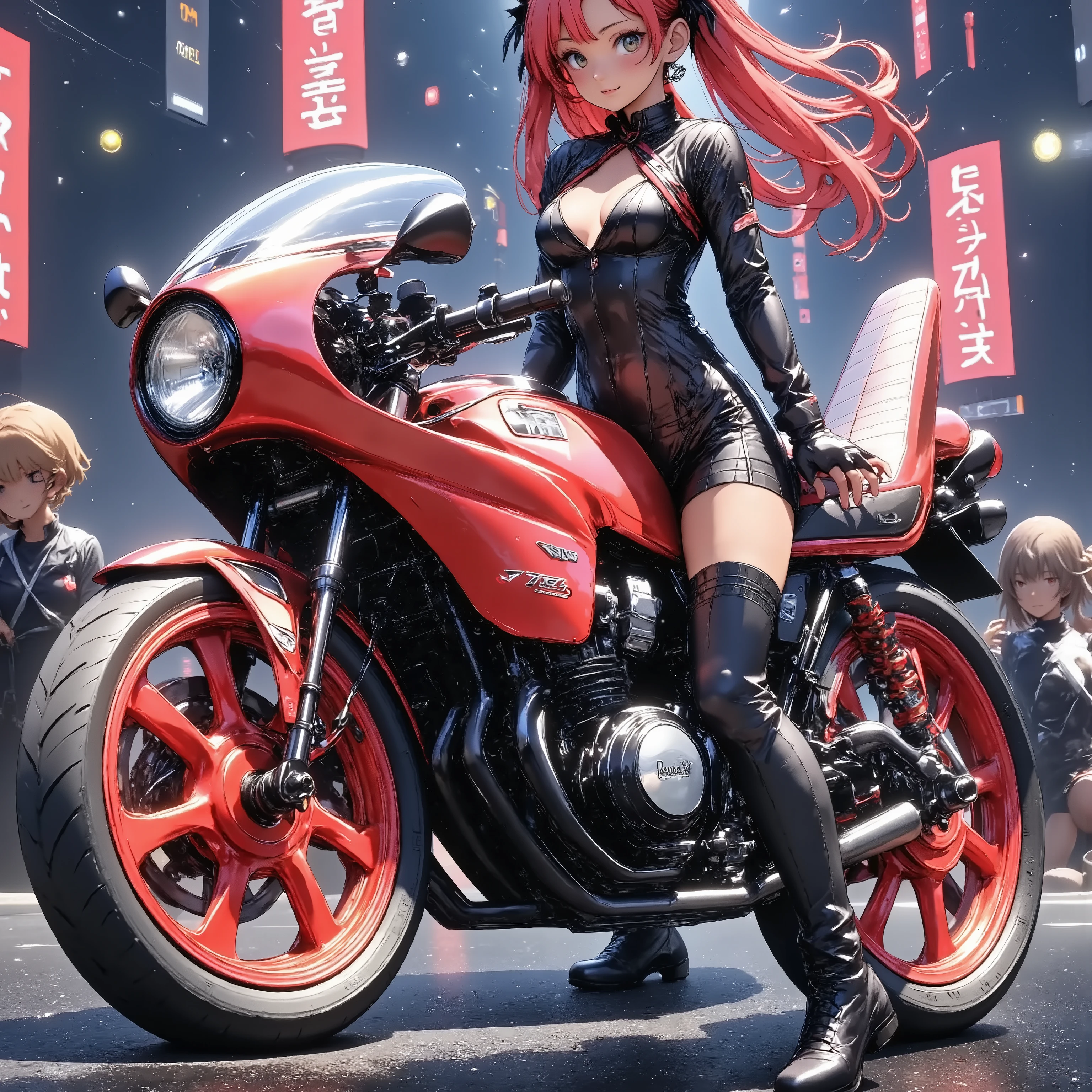 A girl standing next to a motorcycle　+夜のネオン街 