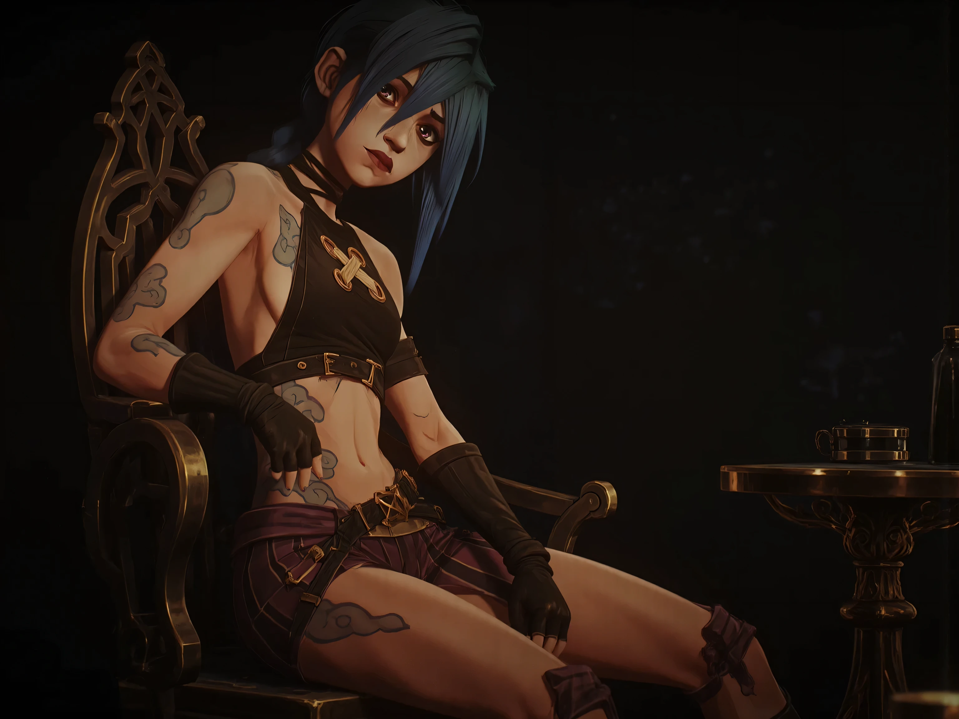 jinx style arcane ,pose sexy nu ,sans pantalon ,écart les jambes,