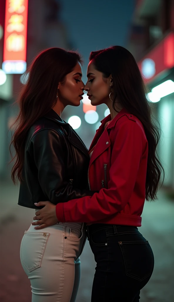 Best quality, realistic, from the front in first person, On the street , (a female mexican Supermodel), (sexy blue leather jacket:1.1), split, seductive smile, (dark hair), (hairstyle:1.0), Perfect eyes, sharp parts, detailed face, face-makeup, cheeks turn red, Eyeliner, eyeshadow, lip gloss, Supermodel, (Deep Focus), (hard lighting), (Night time), (realistic lighting:1.0) (( two lesbians kiss and hug))