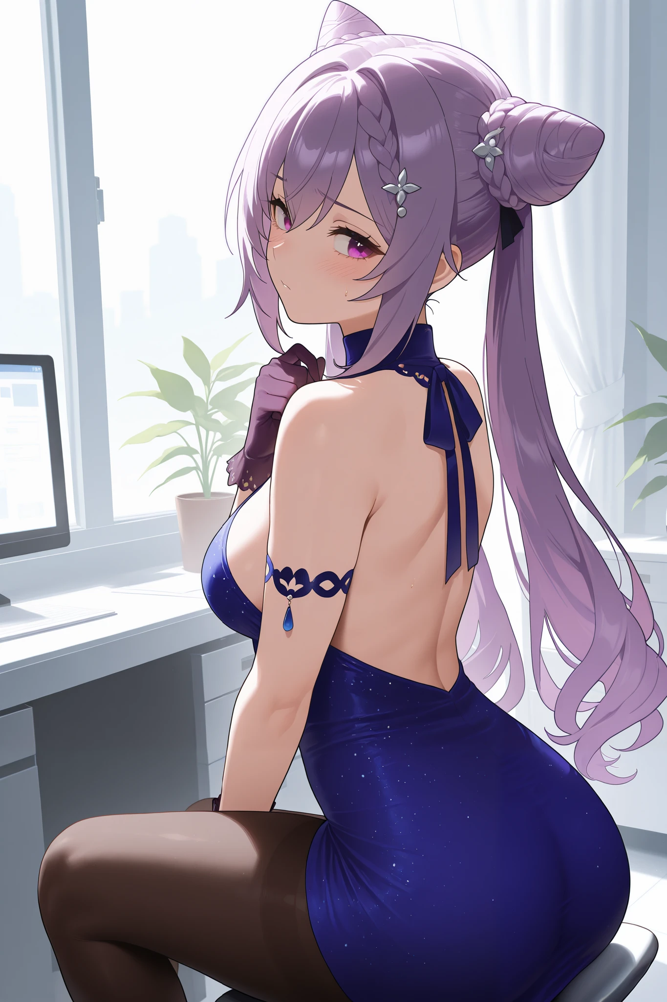 NSFW,masterpiece, top quality, high definition, very detailed,Keqing、 braids、コーンHair Bun、Hair Bun、 hair ornament、 Long Hair 、 purple eyes、 purple hair, Exposed Shoulders、 black pantyhose、Sleeveless、 dress、gloves,Office, tired face, exhaustion