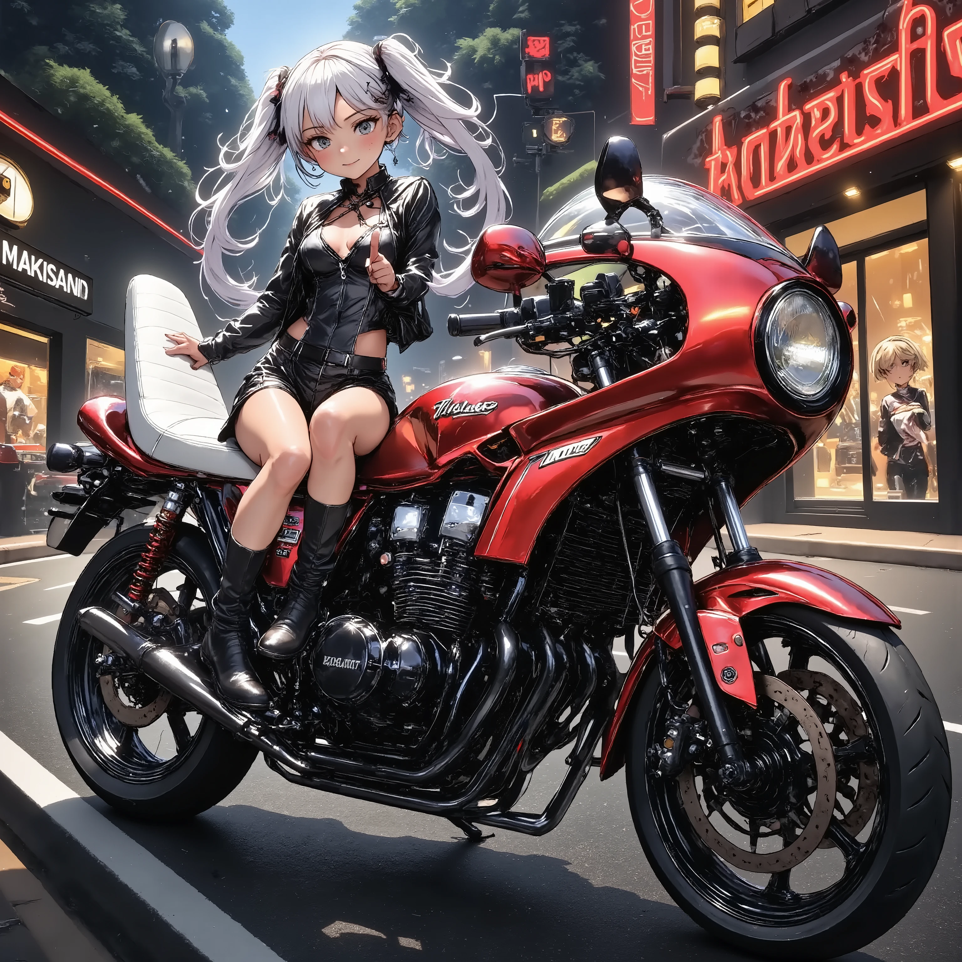 A girl standing next to a motorcycle　+夜のネオン街 