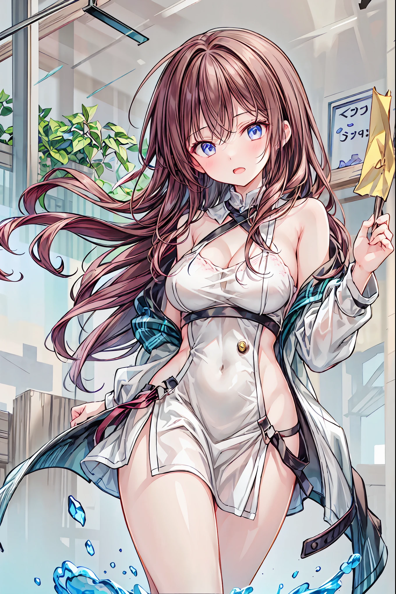 ((Best quality, 8k, Masterpiece: 1.3)), Sharp focus: 1.2, A beautiful woman with perfect body: 1.4, Slim abdomen: 1.2, ((Layered haircut, Large breasts: 1.2)), (no bra) (Small and beautiful hard nipple) (Thin and damp button up to shirt length: 1.1), (White shirt wet by rain), (Rain, Street: 1.2), Wet body: 1.1, Highly detailed face and skin texture, Detailed eyes, Double eyelid, tanned skin, sexy, tan