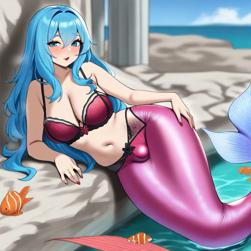 best quality, amazing quality, very aesthetic, absurdres,
1girl, mermaid, pink mermaid, long hair, blue hair, blue eyes, red lipstick, cleavage, lingerie, sea, fish, (bulge),