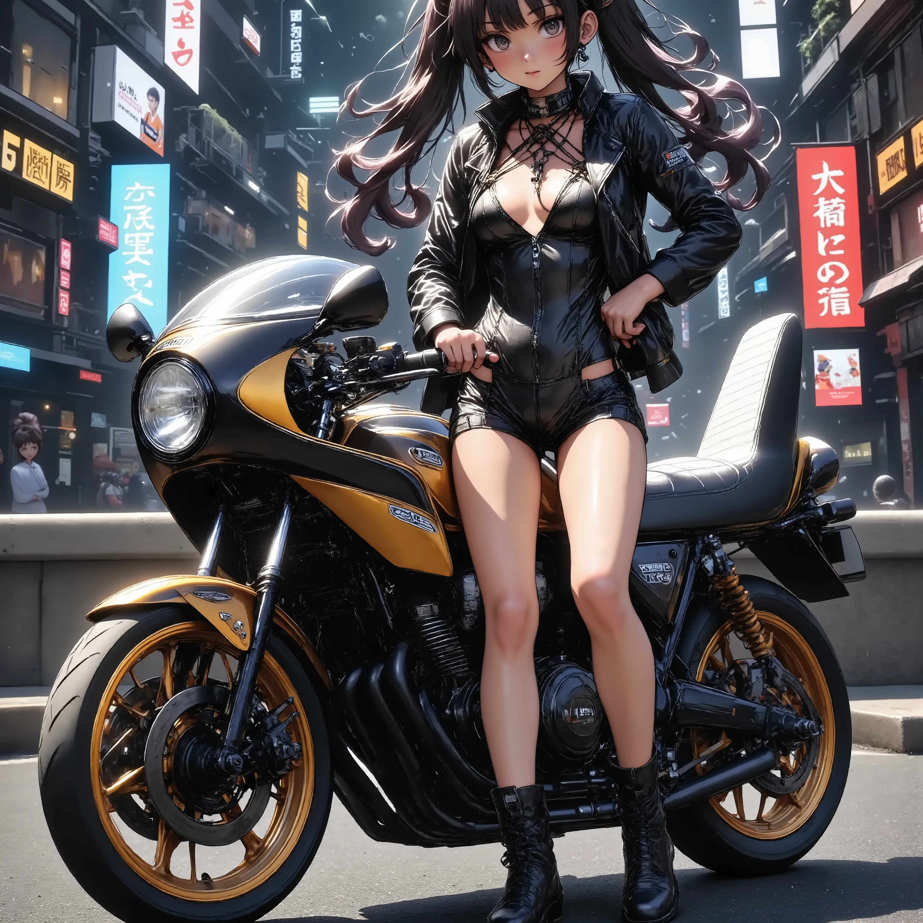 A girl standing next to a motorcycle　+夜のネオン街 