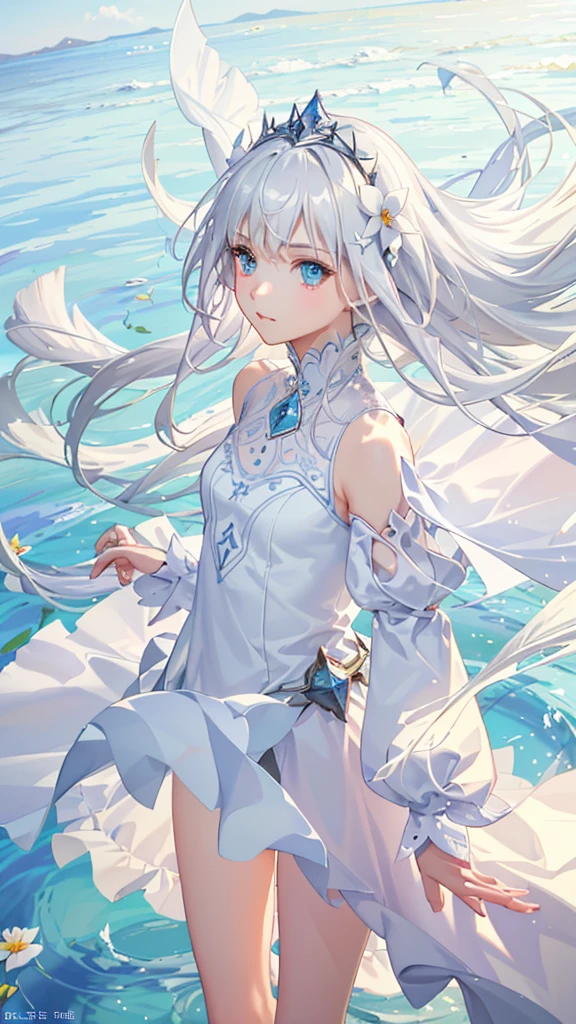 An anime teen girl, (((in an endless view of an (ocean:1.4)))), cinematic light, slim body with curves, skin is perfectly white, soft, (medium breasts), smooth, ((no nsfw)), Extremely delicate and beautiful CG illustration, best quality, high resolution, dynamic angle, full-length lens, (1 girl), floating, soft light, high-key lighting), glowing light, blue energy, feathers fluttering background, blue crystal, ((((wearing nothing but a white (transparent) tank top))))