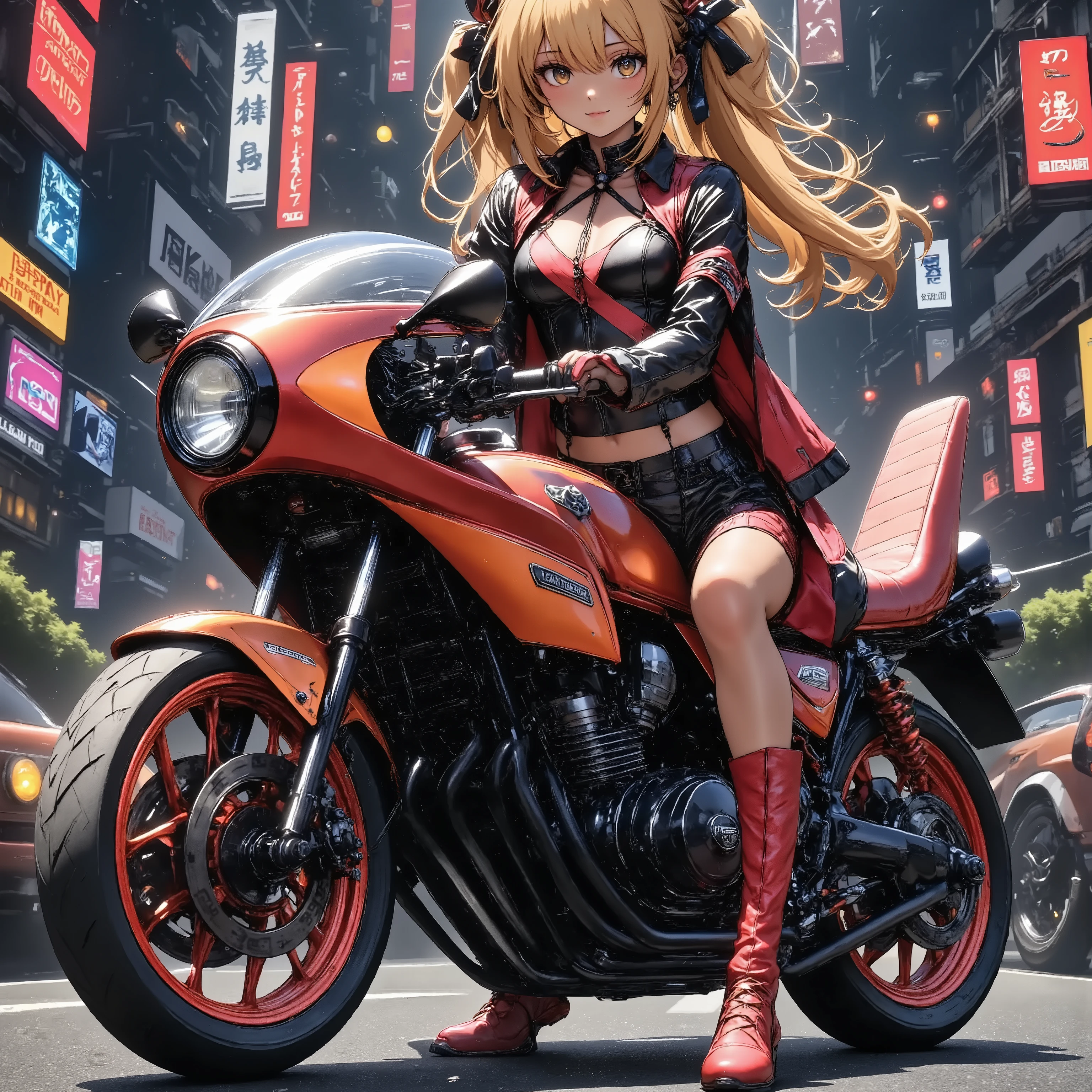 A girl standing next to a motorcycle　+夜のネオン街 