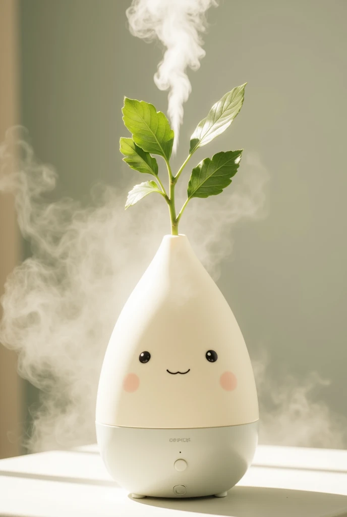 ((humidifier, Home appliances for white daikon , translucent:1.3,  Foggy Mist with Water :1.3,  cute face, Shaped like a drop of water , Water vapor is coming out of the leaf,  reality:1.5, photograph:1.5)),  on the table , living, live-action:1.5