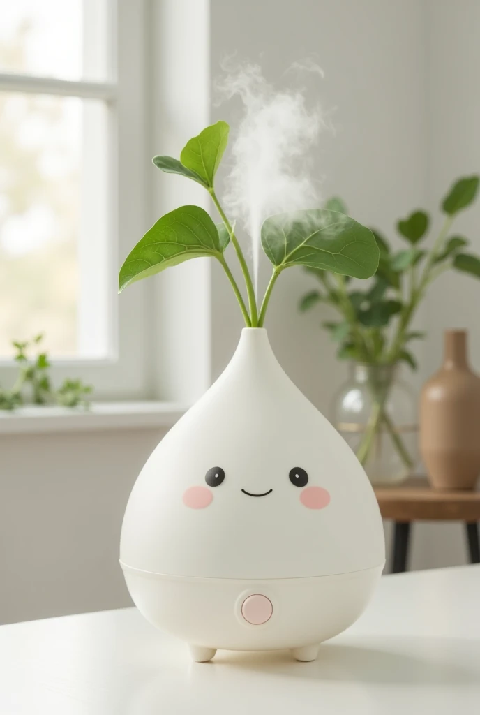 ((humidifier, Home appliances for white daikon , translucent:1.3,  Foggy Mist with Water :1.3,  cute face, Shaped like a drop of water , Water vapor is coming out of the leaf,  reality:1.5, photograph:1.5)),  on the table , living, live-action:1.5