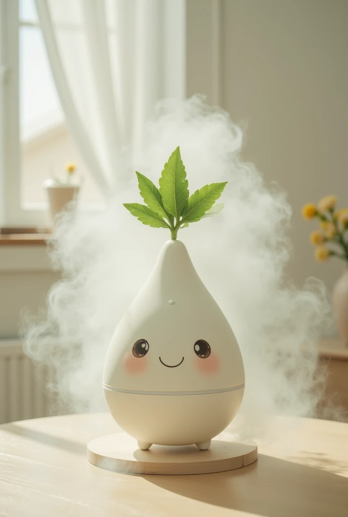 ((humidifier, Home appliances for white daikon , translucent:1.3,  Foggy Mist with Water :1.3,  cute face, Shaped like a drop of water , Water vapor is coming out of the leaf,  reality:1.5, photograph:1.5)),  on the table , living, live-action:1.5