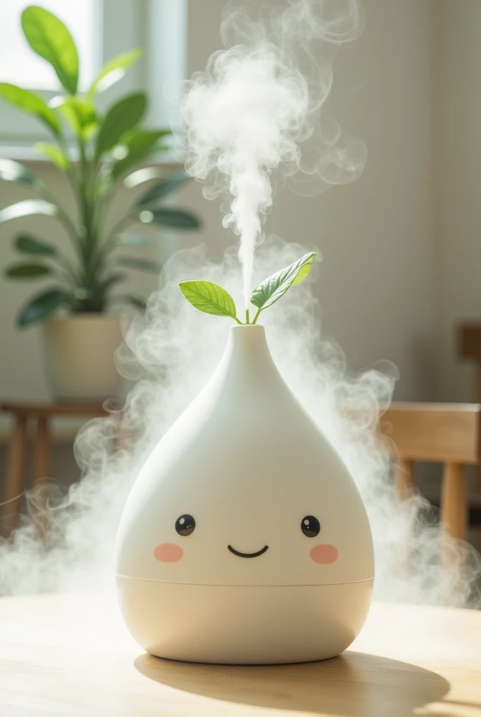 ((humidifier, Home appliances for white daikon , translucent:1.3,  Foggy Mist with Water :1.3,  cute face, Shaped like a drop of water , Water vapor is coming out of the leaf,  reality:1.5, photograph:1.5)),  on the table , living, live-action:1.5