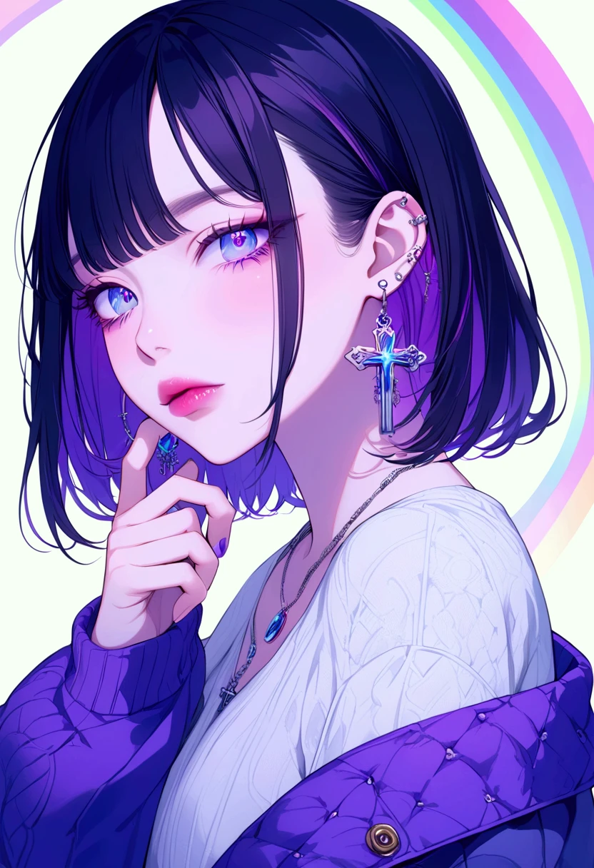 rainbow, One Girl, alone,So cute, Short Hair, Show Viewer, Blue Eyes, Background, White Background, jewelry, Mouth closed, Jacket, Upper Body, Black Hair, Earrings, Blue Eyes, necklace, From the side, sweater, lips, eyelash, Compensate, Straight Hair, Earrings, cross, lipstick, 耳のEarrings, eye shadow, Earrings, ピンクのlips, Variegated eyes, purple Theme, , ピンクのeye shadow, pretty hairstyle, bop haircut below chin