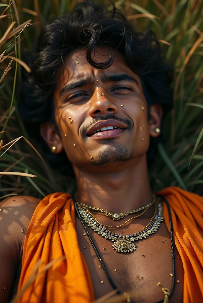 A tribal boy wearing a tattered loincloth and an ivory necklace takes a nap., student