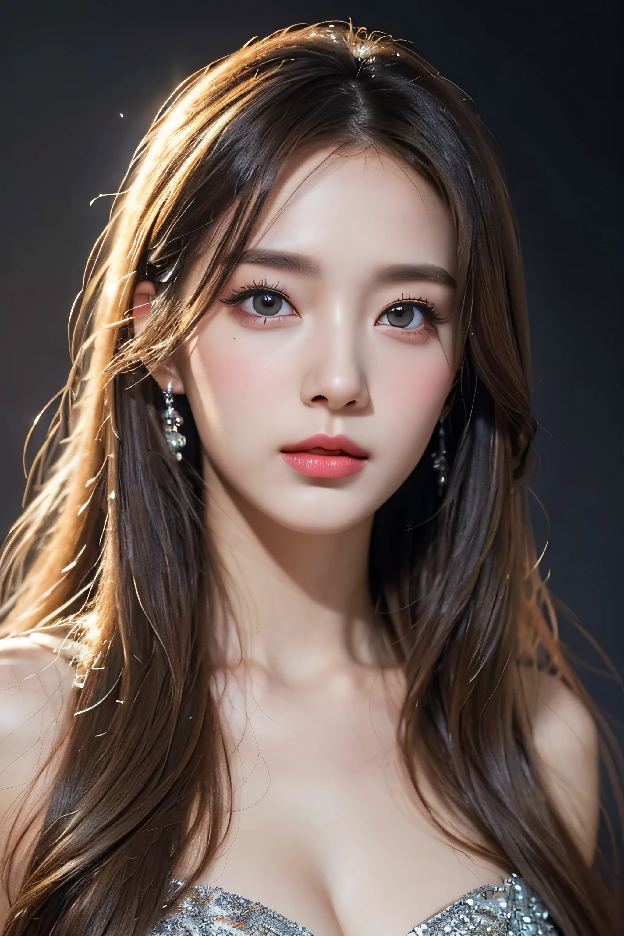 highest quality, masterpiece, ultra high resolution, (realistic:1.4), Raw photo, 1 girl aged 17, simple gray background, ((naked、Upper body、lean forward)), looking at the viewer