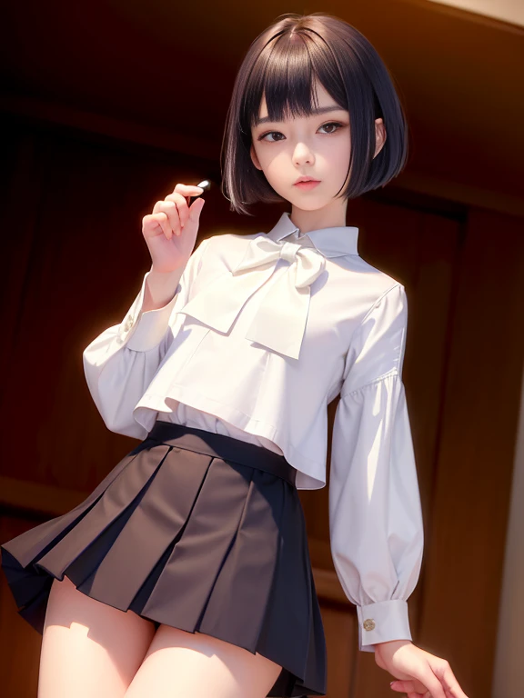 One Woman, alone, alone Focus, Cowboy Shot, Portraiture,, Beaver,((Black Hair)), Short Bob, Very beautiful eyes, work, White knit, (Small TI quality, Very detailed,Bedroom、Lying in bed、1 female,Brown Hair, ,((Furious look)),(((Skirt Lift)))、stylish,,(I'looking forward to it)(((blush、Surprised expression)),(((short hair))),(((Skirt Lift)))