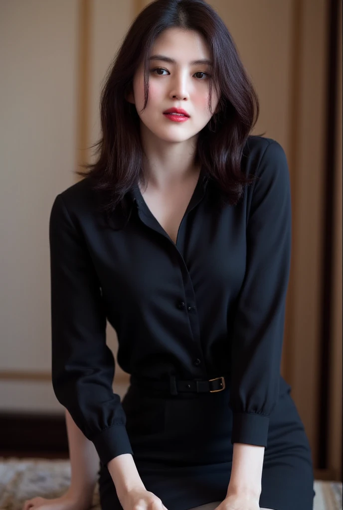  of a 25 year old woman, sitting facing forward,  use black formal shirts, black formal skirt bottoms ,  dark red lips ,  very detailed image quality , smiling beautiful 