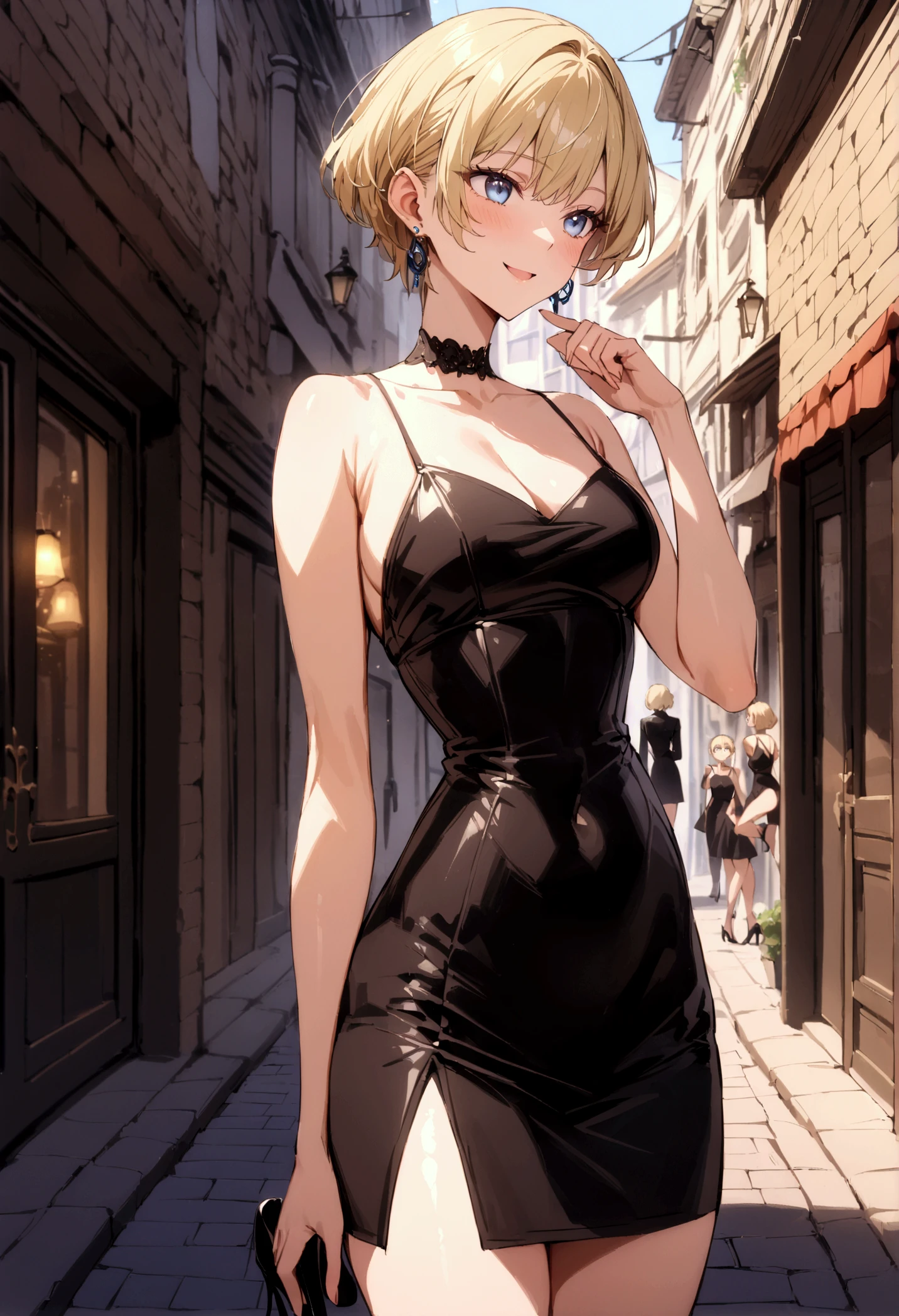 Masterpiece,  top quality,  So Aesthetic, absurdres,  in awe,  short hair , Blonde,  blue eyes, Earrings,  tight dress,  spaghetti strap,  black dress, Sleeveless,   knight , street,  is standing,  COWBOY SHOOTING ,  medium bust, smile,   black high heels  