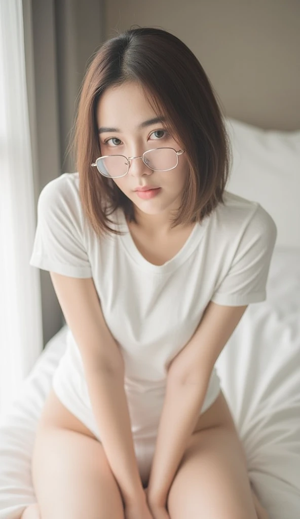 1 malay girl, selfie pose, random glasses, random hair, random pajama, (midnight), bedroom, sitting on bed,