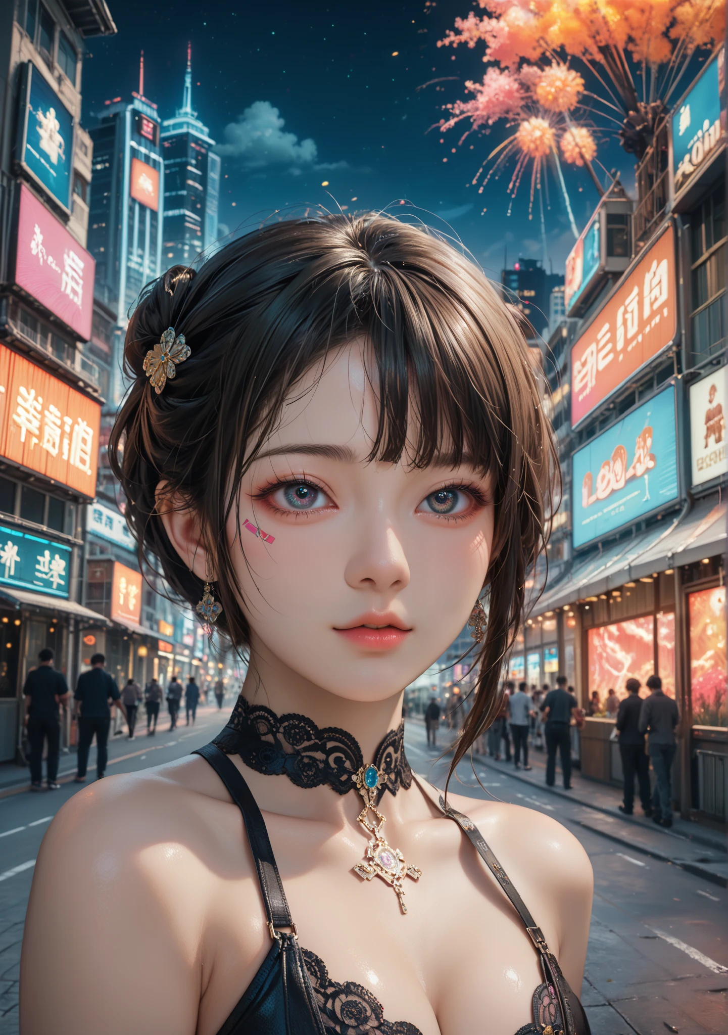 ((Masterpiece)),(( top quality)),(( high detail)),(( realistic,)) beautiful asian girl、  Futuristic Cities ,   architectural district in the middle of a deep ravine, Bazaar,  cyberpunk,  European architecture,   knight , neon,  panorama view, Mr.々Building, new year, firework,  panorama, colorful firework, sky with firework, landscape,  detailed face , Detailed bright eyes,  high definition eyes 