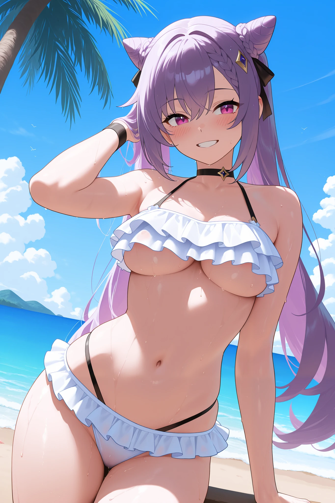 nsfw,(garter belt:1.4)、(beach:1.6)、Show off your armpits、(Purple underwear:1.3)、highest quality, 4K, High resolution, masterpiece:1.2, Super detailed, HDR, Studio Lighting, Sharp Focus, Bright colors, Portrait, Bokeh, Warm tones, Soft Lighting,