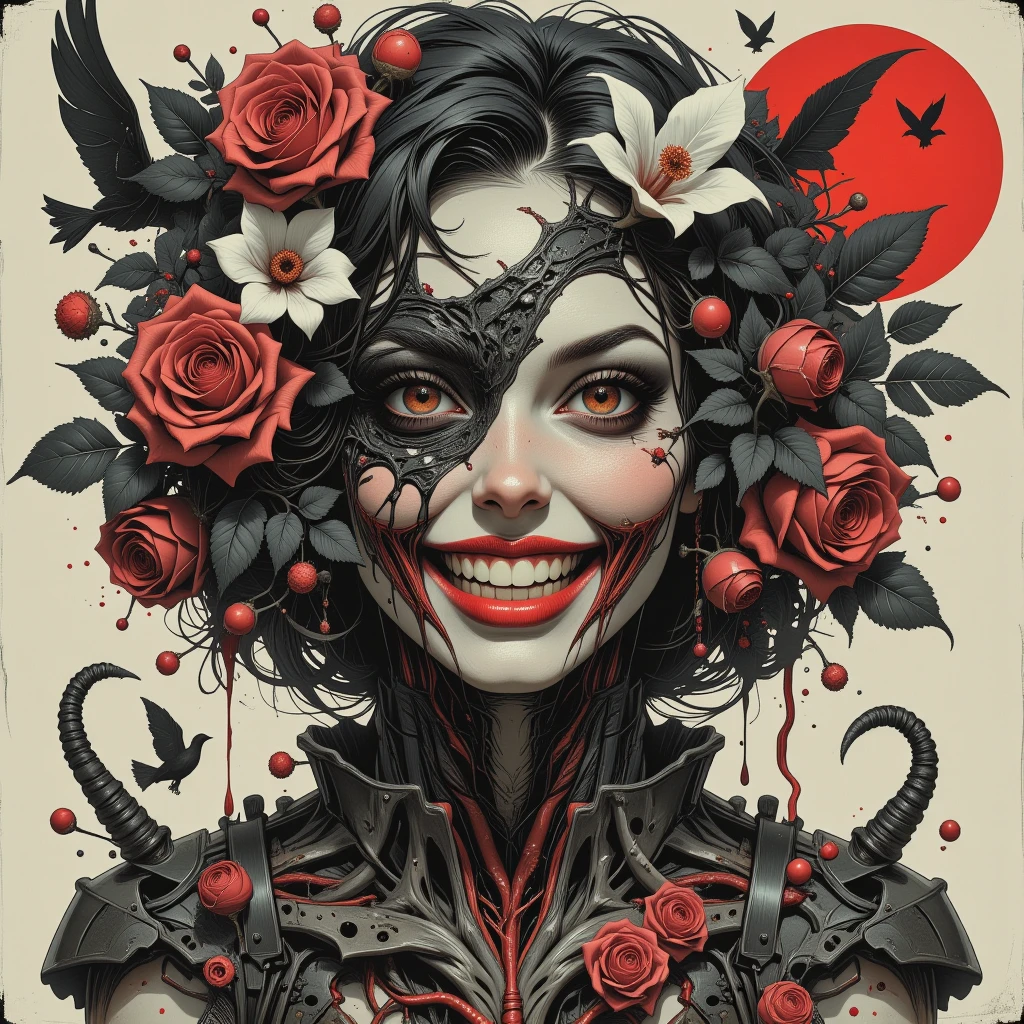 in style of Harry Clarke,character concept design,half body, (ROSE HEAD:1.5) (no face:2.0) paladin,angry,crazy smile，fighting pose，Magic Effects，Metallic details，Red tone，Unknown background，perfect hands,Core Art，The art of spray painting，Splash Art
