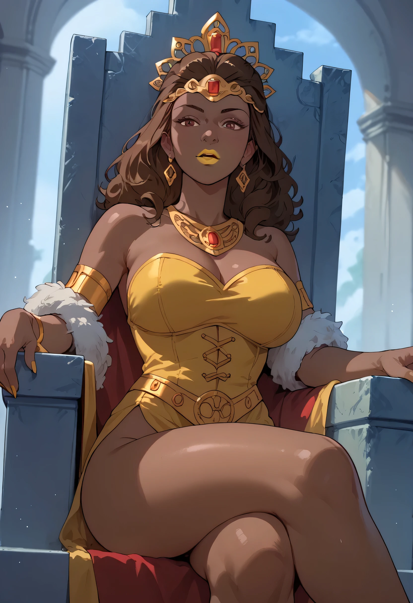 woman, big breasts, yellow lipstick, anime style, brown eyes, brown hair, black skin, tiara, sitting on a throne, Diana, Dungeons & Dragons