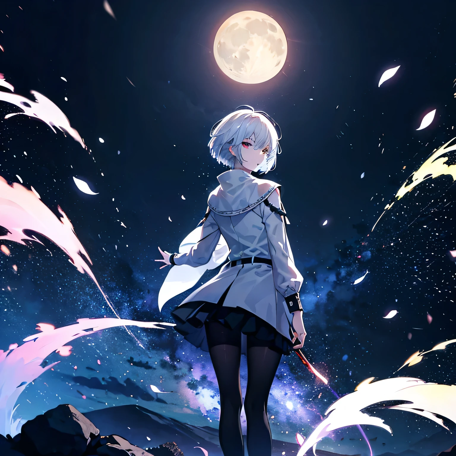 moon，Short-haired girl with white hair， in the dark，Look Back