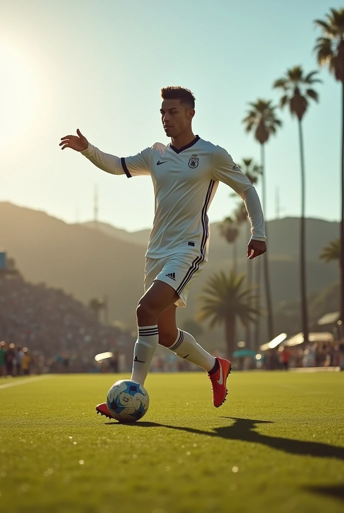 male soccer player running with white soccer uniform, realistic, perspective, soccer player, white uniform, full body, mockup style, full white uniform