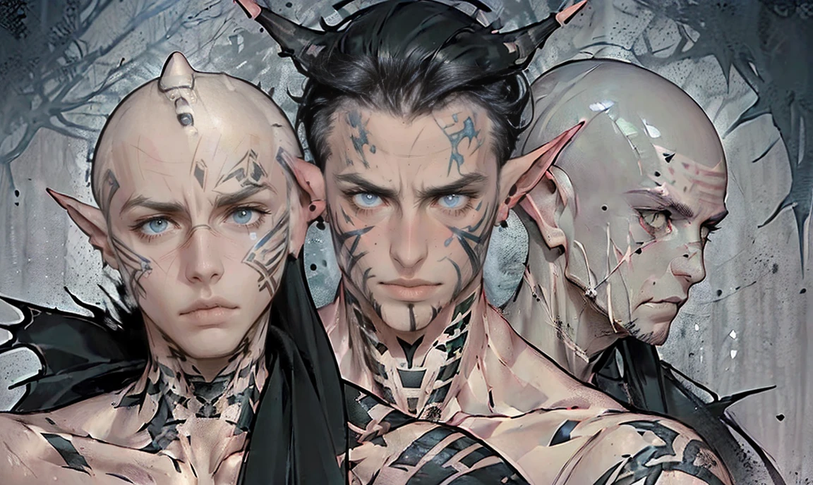 One male. A man with long, purplish black hair. white/Korean ethnicity. pale skin. elf ears. horns on his head. freckled face. White eyes. lip piercings. He is shirtless, lying on a bed, wearing only black boxers. Athletic build with broad shoulders and freckles on the shoulders, pale skin. Sweating, tired expresion