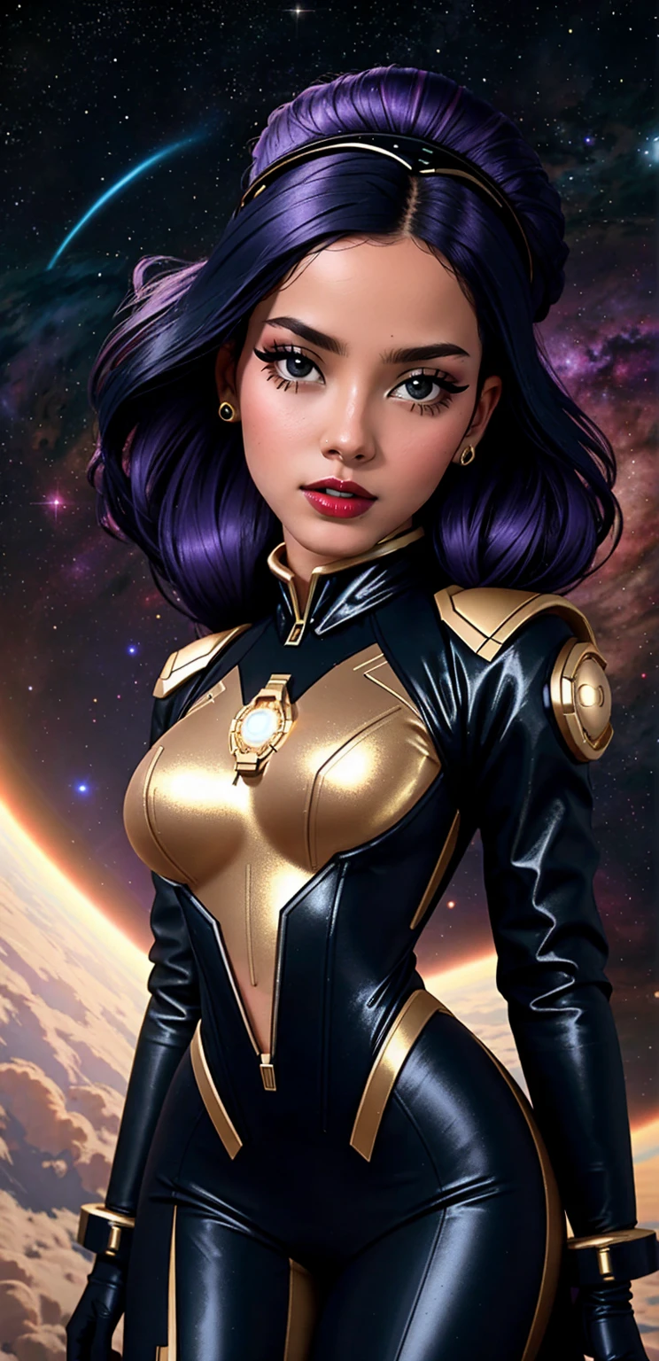 cosmic female in space, small breasts, futuristic bodysuit, stars, constellation