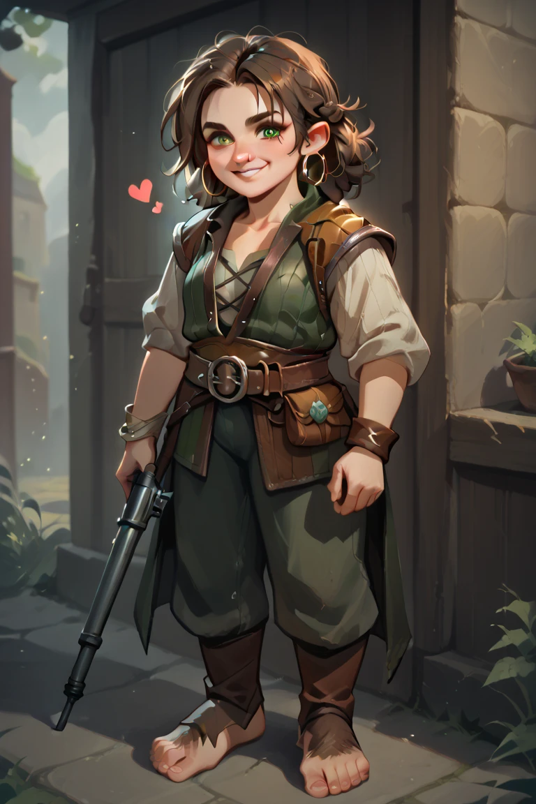 FULL body image a ite, athletic half-dwarf, half-human rogue standing just under four feet tall. She has a heart-shaped face with expressive eyes that shift between emerald green and stormy gray. Her dark brown, tousled hair falls in layers, often framing her face in a roguish manner. She wears dark leather armor, silver hoop earrings, and a braided leather bracelet, with a faint scar on her left collarbone. Armed with lockpicks and a crossbow, she exudes a mix of charm and stealth, always ready for adventure with a mischievous smile. Normal ears
