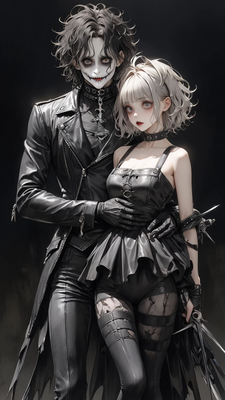 high res , masterpiece, Accurate,  top quality,  high res model,  high detail, Anatomically Accurate, Norman Rockwell & Tim Burton styl、Watercolor touch、 Edward Scissorhands、black leather costume、Skinny, fair-skinned man、alone,  dark background 、 fantasy、 Horror、 darkness、Gothic、men and women、2 people、