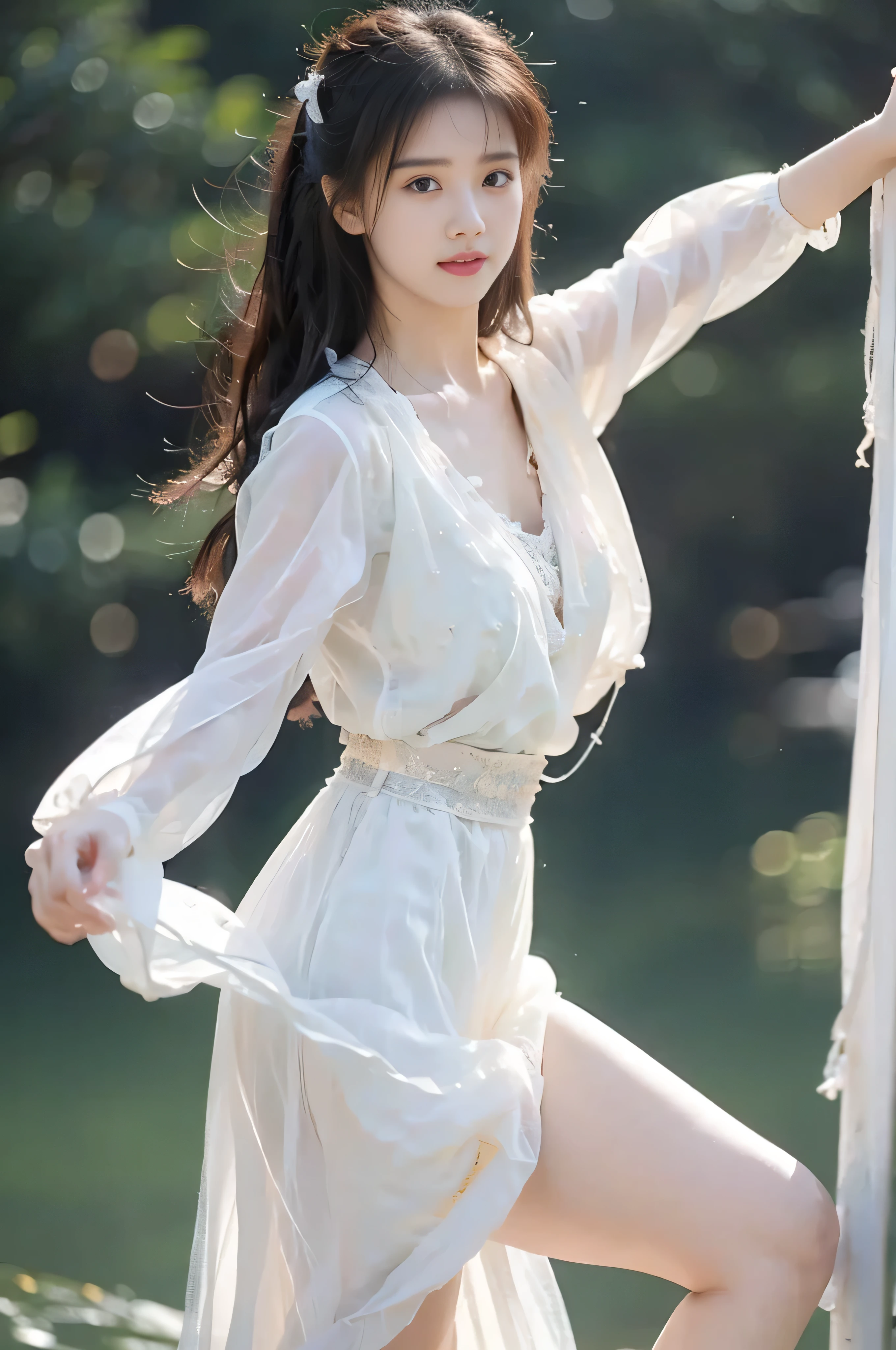 A beautiful girl is dancing， on dark background ，Sexy，make a fist