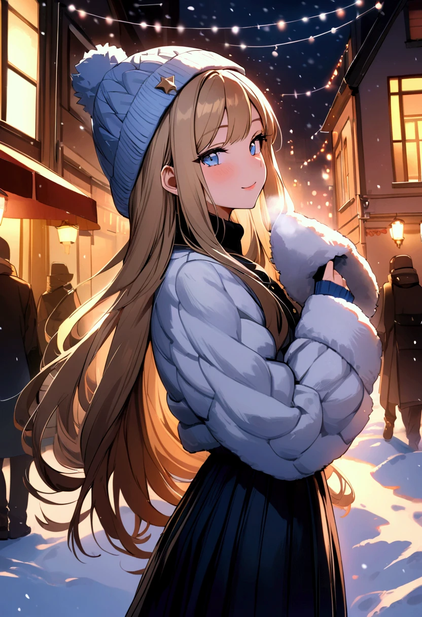 (masterpiece),(absurdres),(ultra detailed)、((solo lady),(23-year-old),(dark blonde hair:1.2),(straight long hair:1.1),(()),shiny blue eyes,(()),(flat chest),(white breathing:1.3),(hand on muffler),half-closed eyes,smile,side view, sweater :0.9、Fur jacket:1.0、 Long Skirt、 muffler 、Knitted hat、Snowstorm:1.2,Illumination lighting city:1.2,looking viewer,Miho