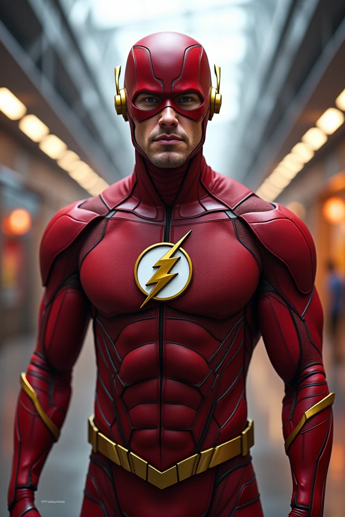 a man wearing a red superhero costume,. Red helmet highly detailed, dynamic pose, high quality, photorealistic, intricate costume design, musculature, strong lighting, cinematic angle, dramatic shadows, vibrant colors, comic book style. Circle logo on chest. Liard logo on chest.