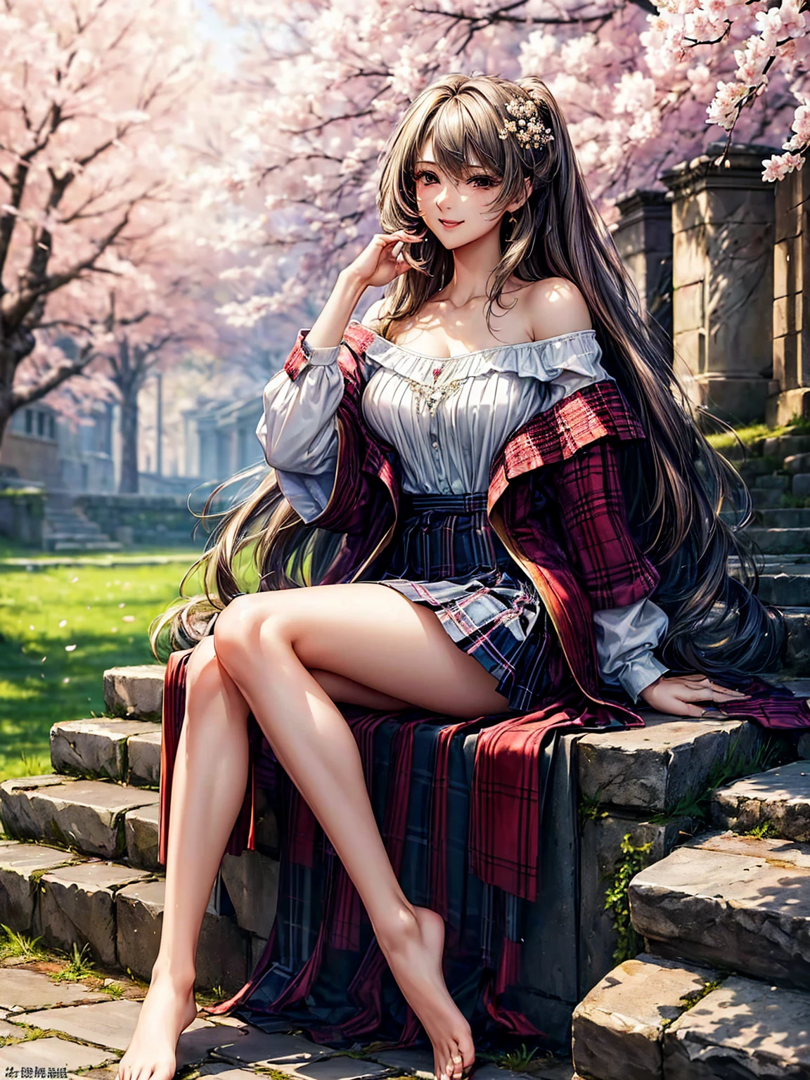 ((( top quality)))、((('s greatest masterpiece)))、Beauty Painting、 8k 、 ultra high quality、1 Female: Perfect Anatomy , Age 20、  beautiful body、  beautiful breasts、  beautiful faces:smile、 best skin and hair texture  、(( off the shoulder: plaid pleated skirt))、Stone steps:Cherry blossom trees、 sitting 、 natural light,  high resolution images、
