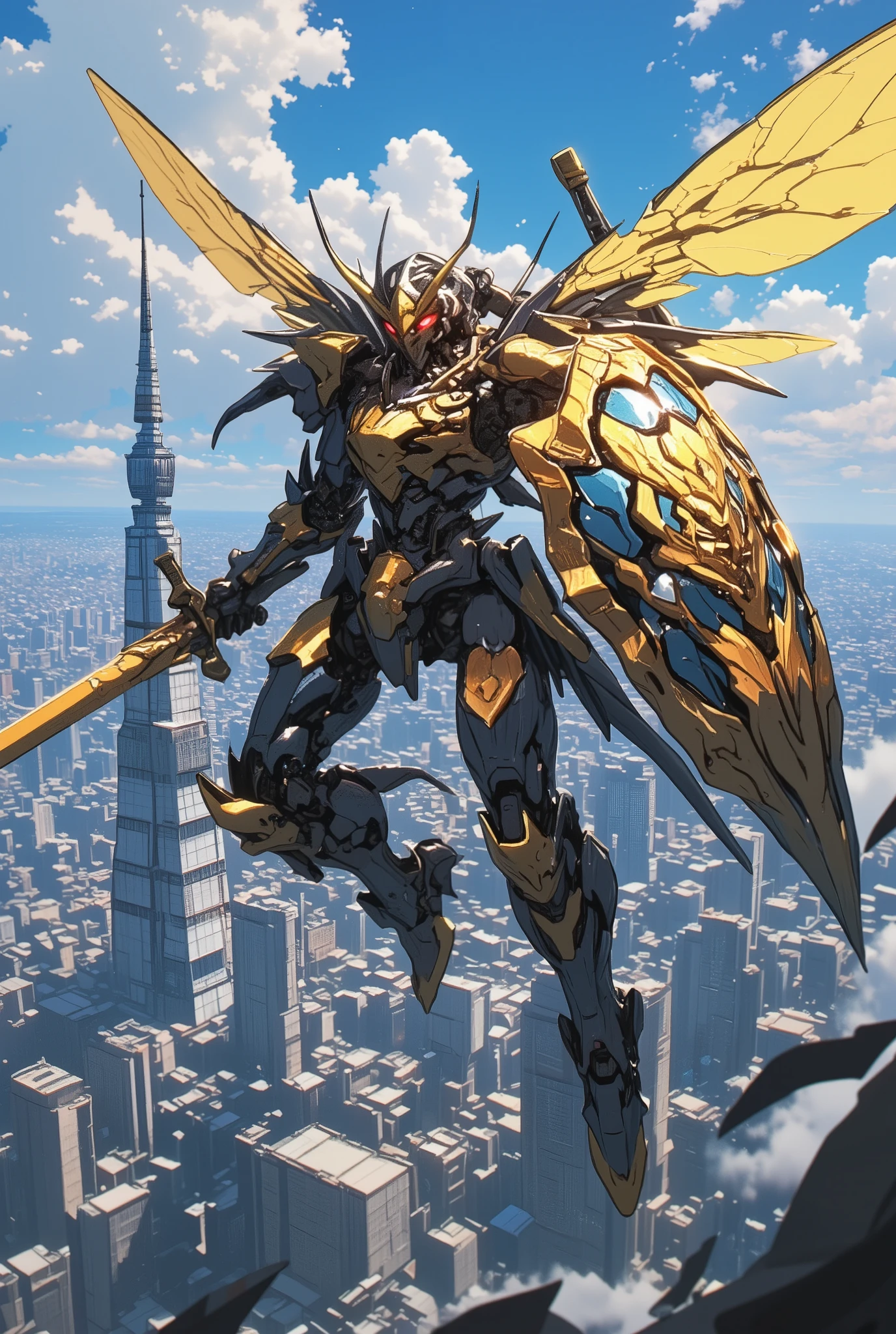 A robot that combines insects and humans 、 flies with a knight's shield and holy sword、Above Tokyo、 Fast Flight 、