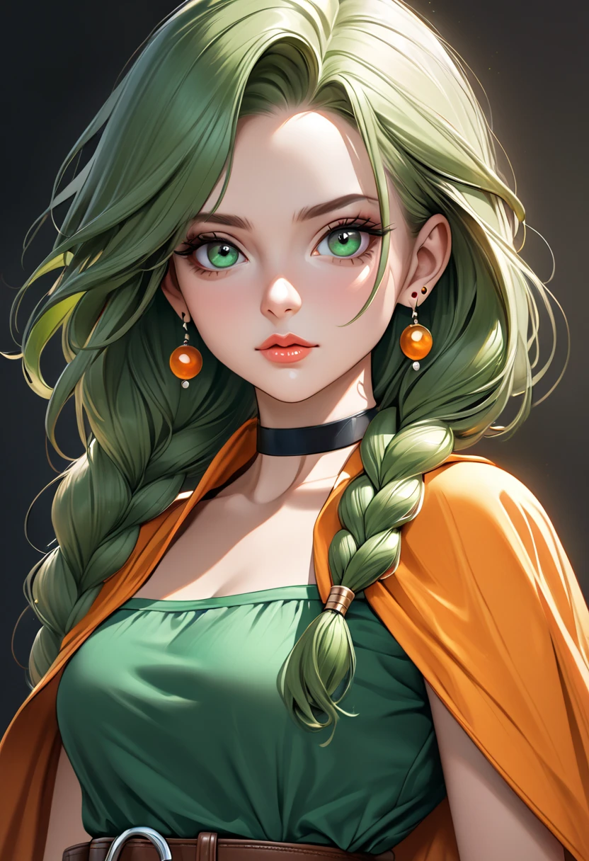 ultra-realism, 1girl, solo, dqBianca, single braid, earrings, choker, orange cape, green dress, belt, 