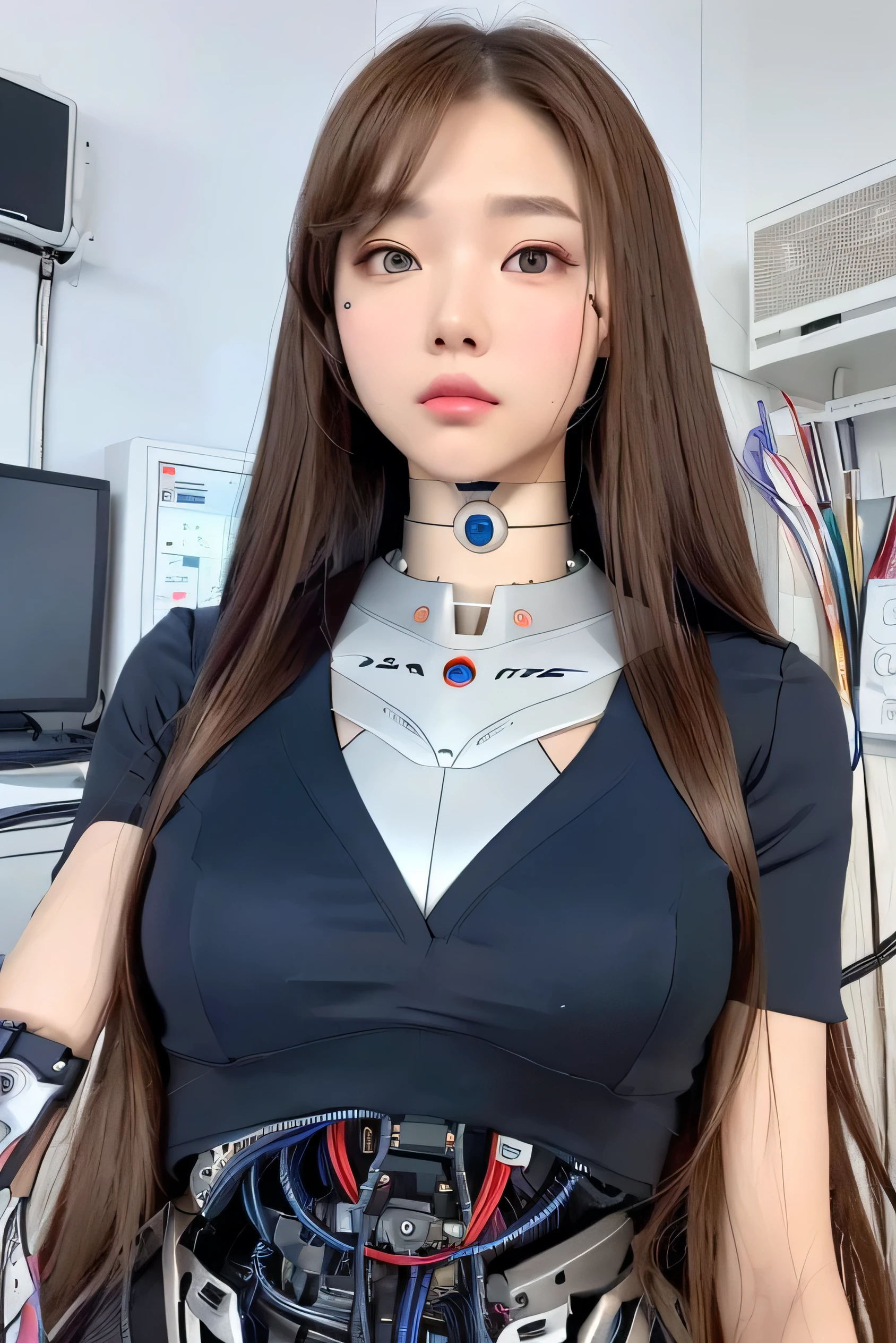 masterpiece, best quality, extremely detailed,front view,japaese android girl,control panels,android,Droid,Mechanical Hand,Robot arms and legs,office lady,long hair,brown hair,long tube,thick cable connected her neck