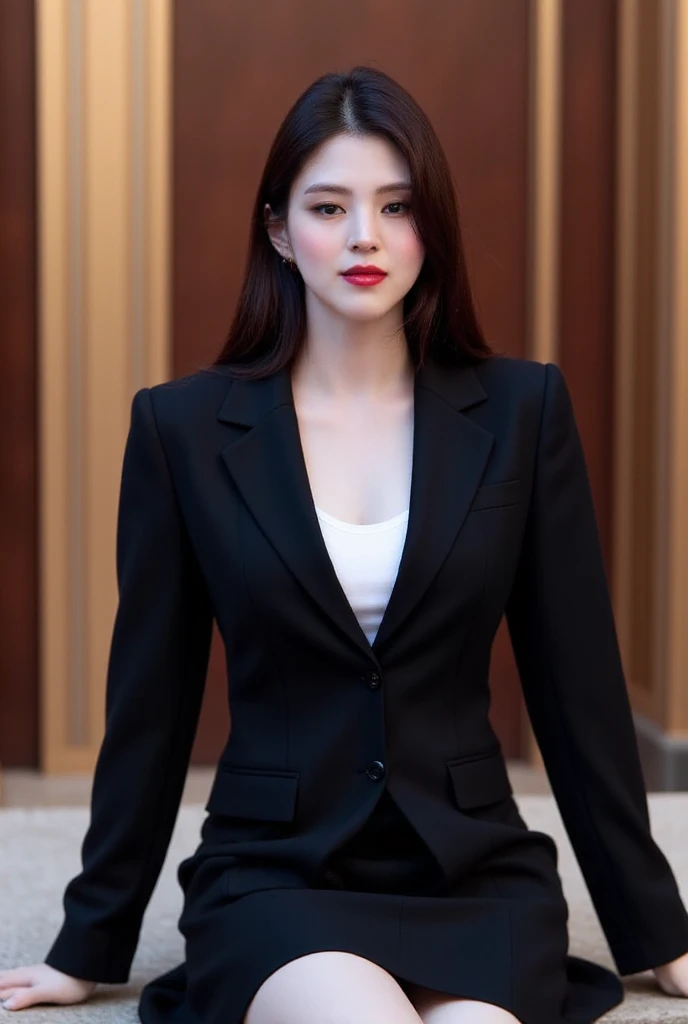  of a 25 year old woman, sitting facing forward,  using formal black suit of black color, white formal shirt, black formal skirt bottoms ,  dark red lips ,  very detailed image quality , smiling beautiful 