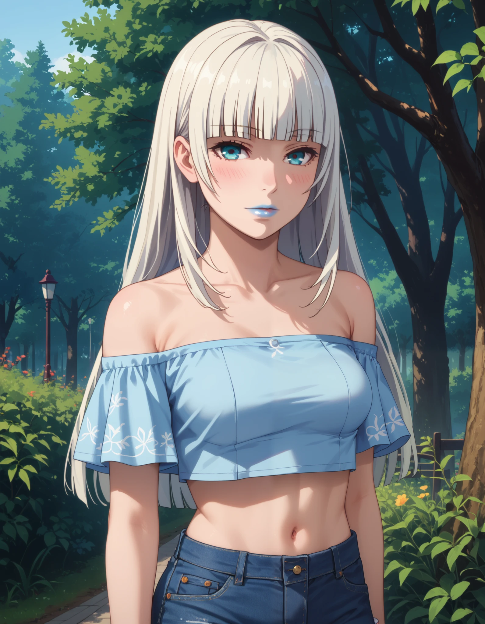 score_9, score_8_up, score_7_up, vivid colors, (1girl, solo), upper body, (long hair, white hair, hime cut), stunning blue eyes, sexy lips, blue lipstick, pale skin, (off shoulder crop top, medium breasts), bare abdomen, bare arms, exposed shoulders, denim shorts, fishnet tights (sultry look, blush), looking at viewer, (standing outside, sunny park, trees)