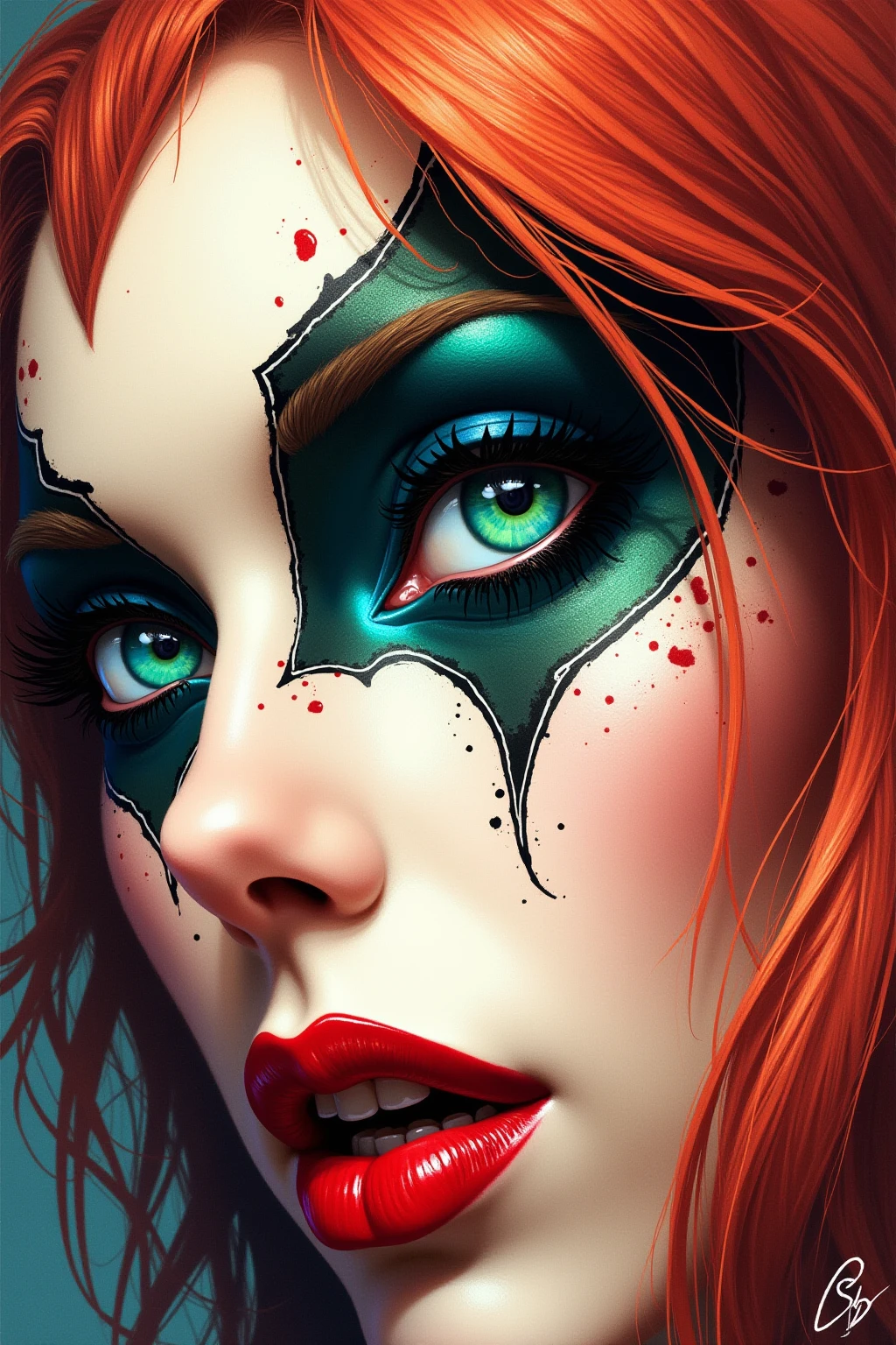 Wet and wild , red hair, green eyes. covered with rainbow paint,