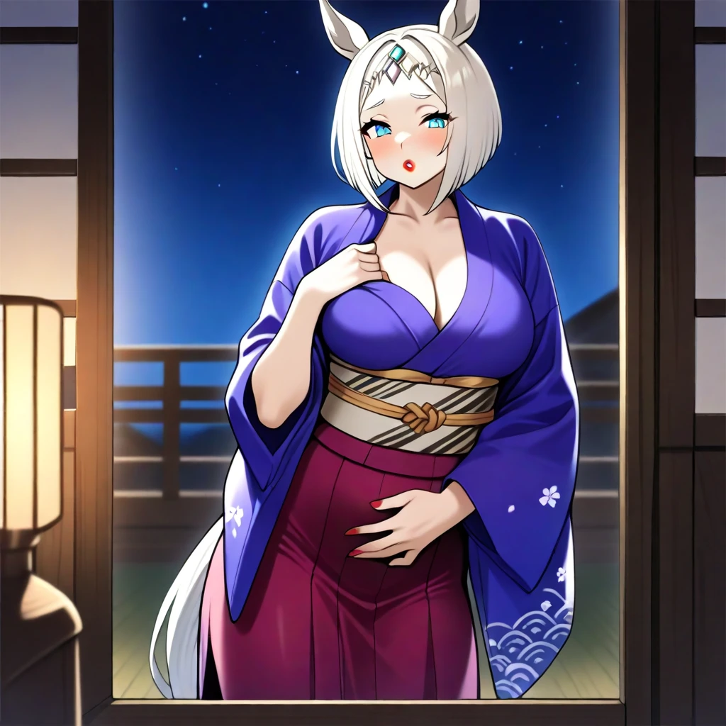 best quality, amazing quality, very aesthetic, absurdres,
centaur, solo, 1girl, horse ears, horse tail, long hair, white hair, short hair, bob hair, blund bangs, blue eyes, red lipstick, cleavage, kimono, long sleeve kimono, horse stable, night, POV Mirror with bodyparts in foreground human/furry