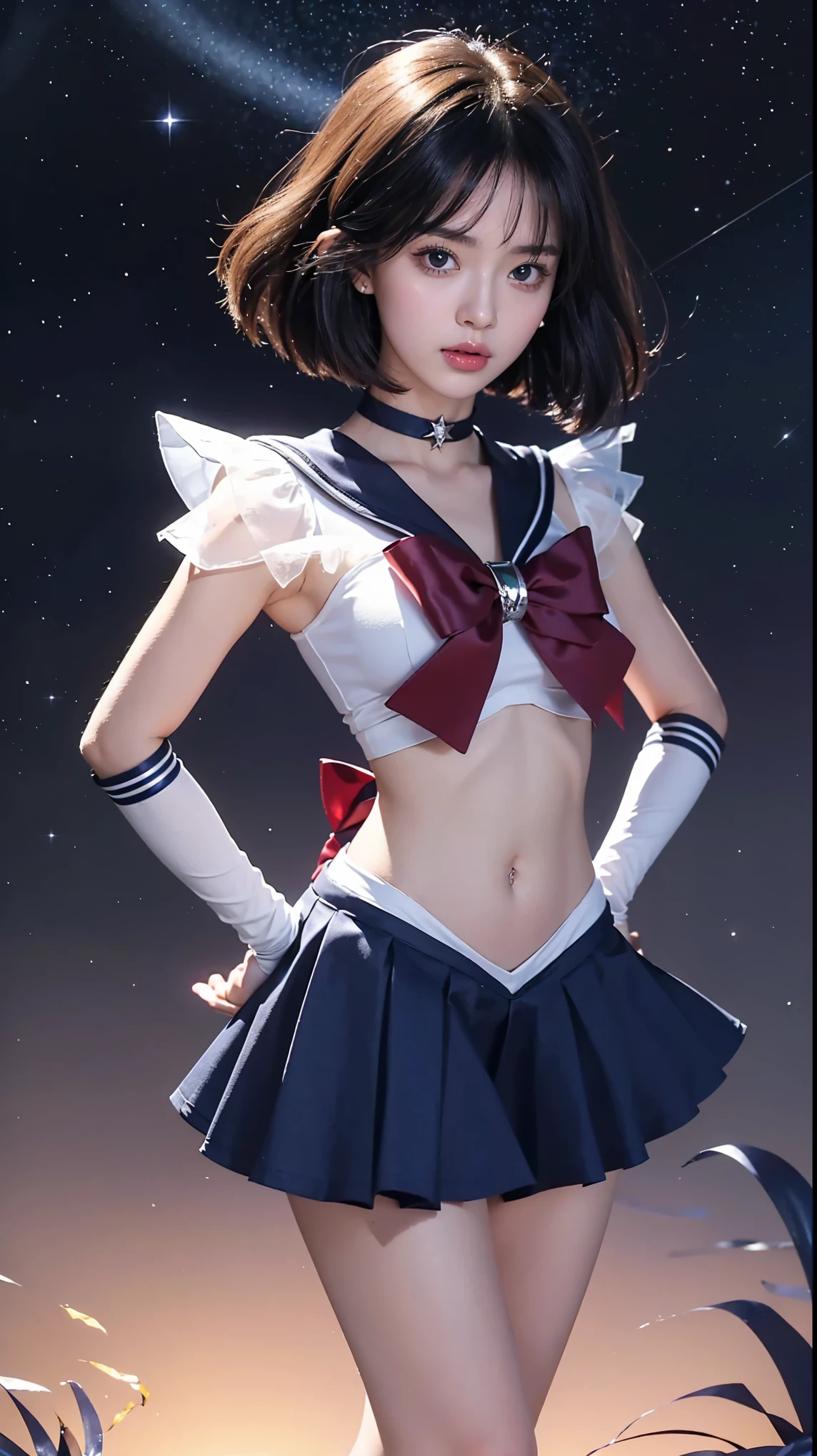 Sailor Saturn, 1 girl, dark blue hair, short hair, dark blue eyes, detailed eyes, large pupil lenses, focused on the girl, alone, Standing, Hotaru Tomoe, portrait, full body, (Masterpiece:1.0), (best quality:1.0), (8k wallpaper:1.0), (detailed beautiful face:1.0), (detailed deep eyes), young woman, large and firm breasts, big chest, tight shirt around the stomach, (just above the mini skirt), (((navel visible))), curvy waist, tight dark blue necklace (with an 8-pointed star in the middle of the necklace, silver color), small silver star earrings, deep eyes, staring at the camera, Sailor Scout, dark red ribbon on the chest (with an 8-pointed silver star in the middle of the ribbon), dark blue skirt (((super short mini skirt))), tight-fitting top (showing body curves) small golden crown on the forehead, white gloves (dark blue cuffs wrapped like bracelets), exposed legs, feminine body, natural makeup, thin lips, shiny red lips, smooth white skin, slightly sweaty shiny skin, small mole on the left chin, realistic.