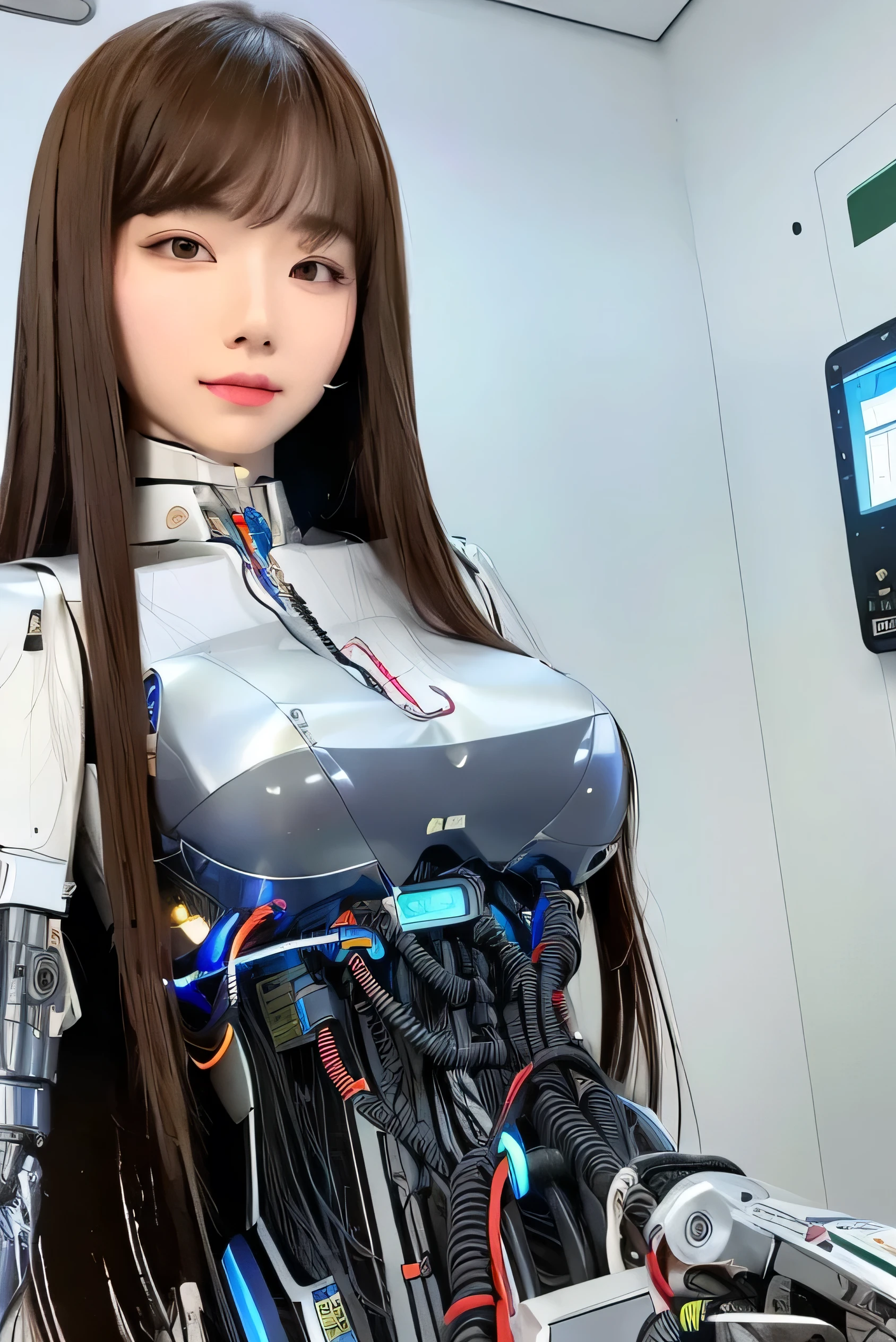 masterpiece, best quality, extremely detailed,front view,japaese android girl,control panels,android,Droid,Mechanical Hand,Robot arms and legs,office lady,long hair,brown hair,long tube,thick cable connected her neck
