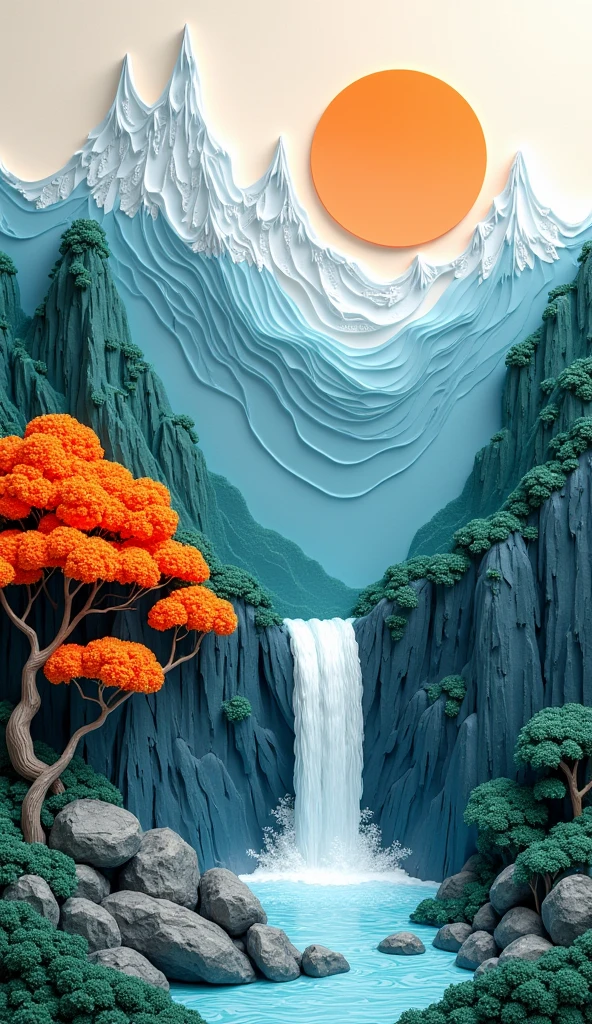 This image is a stunning example of paper quilling or paper filigree art. It depicts a serene landscape scene, likely inspired by East Asian art styles. Let's break down its key features:

Medium and Technique: The artwork is created using the paper quilling technique, where thin strips of paper are rolled, shaped, and glued to create three-dimensional forms. The artist's incredible skill is evident in the detail and texture achieved. The effect is almost sculptural.
Subject Matter: The artwork portrays a mountainous landscape with a cascading waterfall flowing through a valley. A prominent feature is a tree with bright orange leaves, which contrasts beautifully against the cool-toned mountains and sky. There is a large, stylized orange sun in the upper portion of the piece.
Composition: The composition is carefully planned, creating a sense of depth and perspective. The waterfall leads the viewer's eye through the valley, and the placement of the tree and sun adds balance to the scene. The artist uses the layering of the paper to create a sense of depth and dimension, mimicking the texture of mountains and water.
Color Palette: The color palette is harmonious, using a combination of cool blues and grays for the mountains and water, and warm oranges for the tree leaves and sun. This contrast creates visual interest and enhances the overall mood of the artwork.
Style and Inspiration: The style is reminiscent of traditional East Asian landscape painting, with its emphasis on natural elements and a sense of tranquility. The use of stylized forms and the emphasis on texture and line are typical characteristics of this style.
Overall Impression: This paper quilling artwork is a remarkable achievement of skill and artistry. The level of detail, the harmonious color palette, and the evocative subject matter combine to create a truly breathtaking piece of art. The three-dimensionality adds a unique textural element not found in traditional paintings.