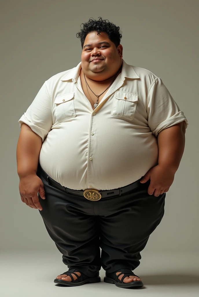 30-year-old Latin American, overweight, blue shirt, white pants, gold necklace, short hair